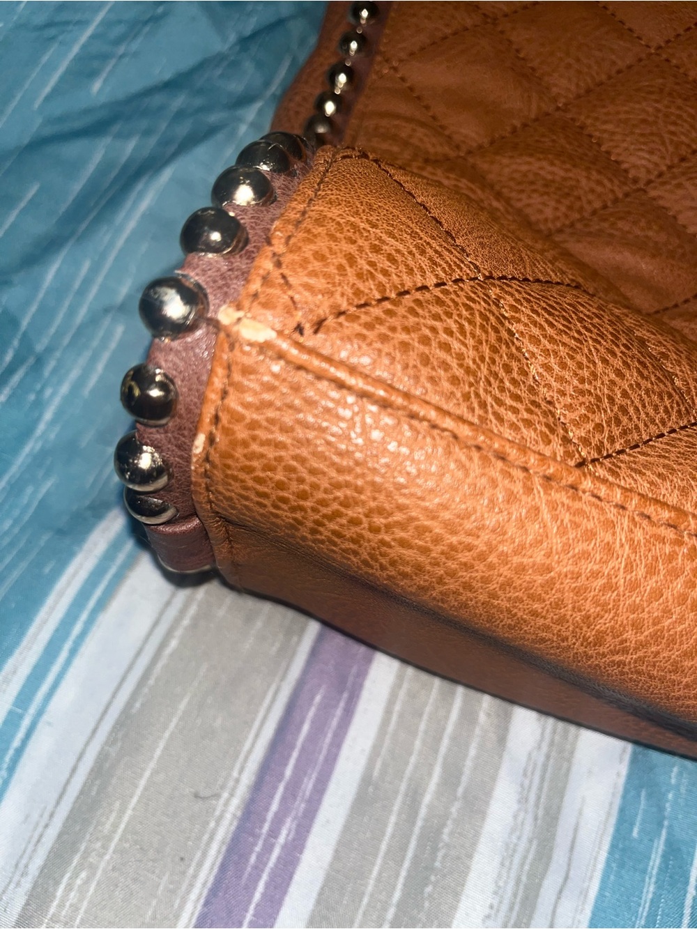 Big Buddha Quilted Stud-Trim Tan Tote. - Picture 5 of 6